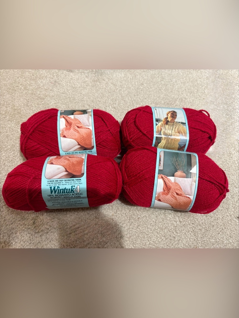 Vintage Caron Wintuk4- Red Cardinal - Worsted Acrylic Yarn x 4 Skeins, 3.5 oz ea